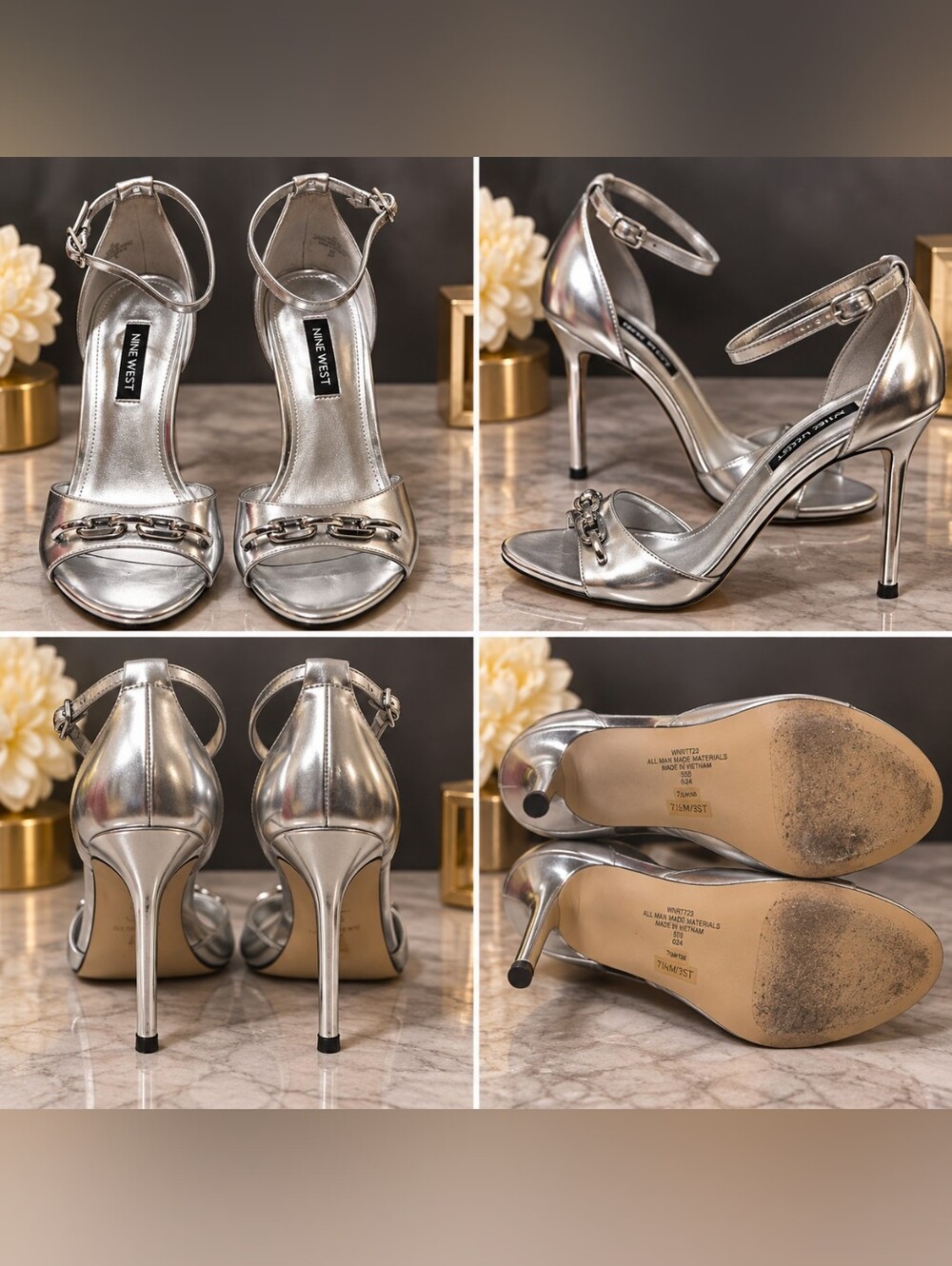 Nine West Palace Silver Metallic Chain-Link Stiletto Heels – Size 8M